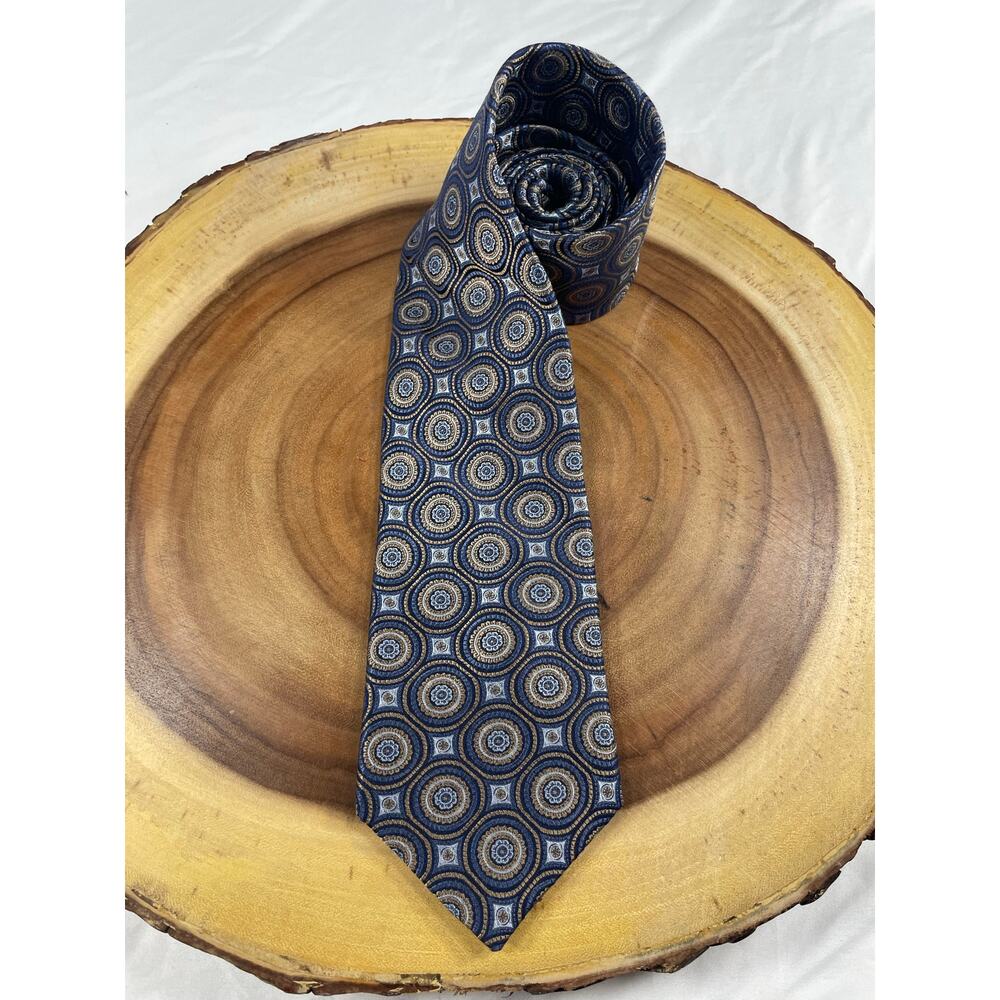 Pronto Uomo Silk Tie Geometric Medallion Blue Gold X-Long Professional Retro